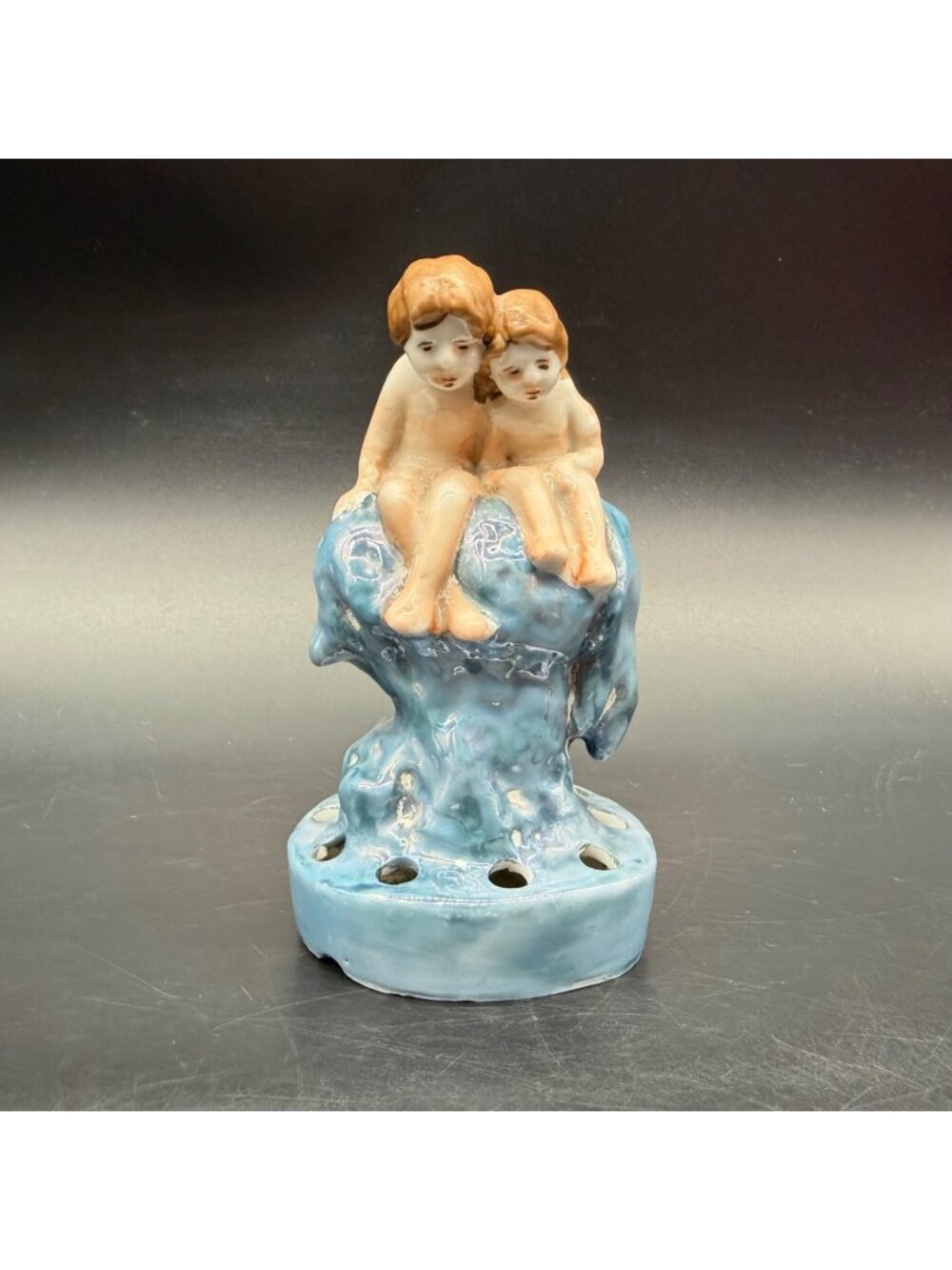 Vintage Flower Frog Cherubs Children Blue Wave Ocean Japan Ceramic Mid Century